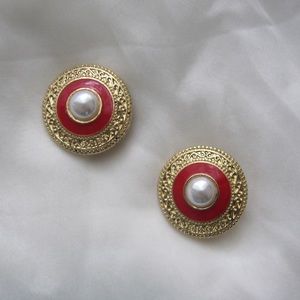 Vintage Red enamel Pearl Button Clip On Earrings